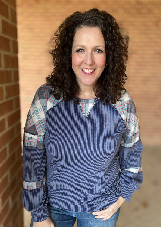Colorblocked Corded and Plaid Top
