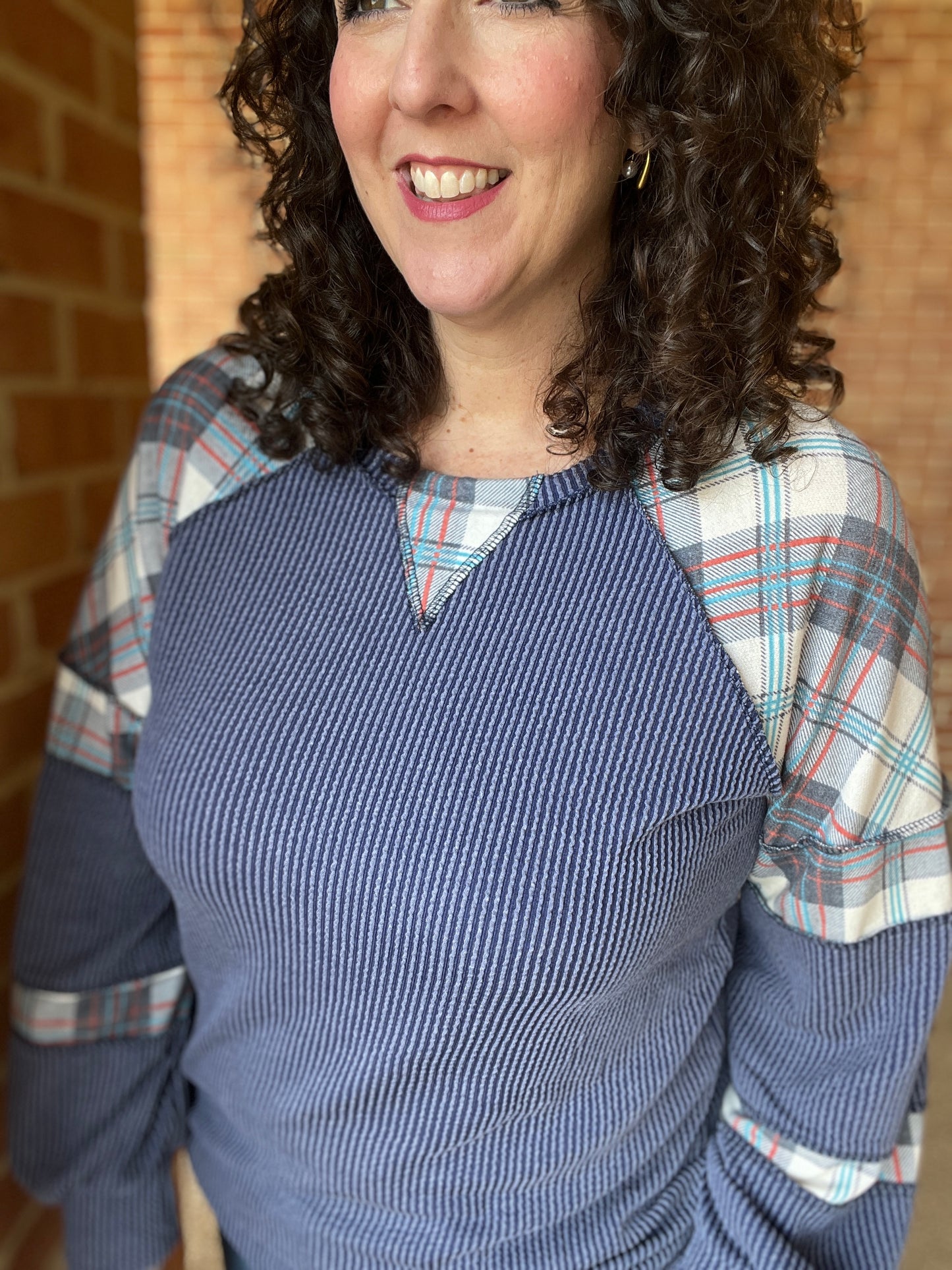 Colorblocked Corded and Plaid Top