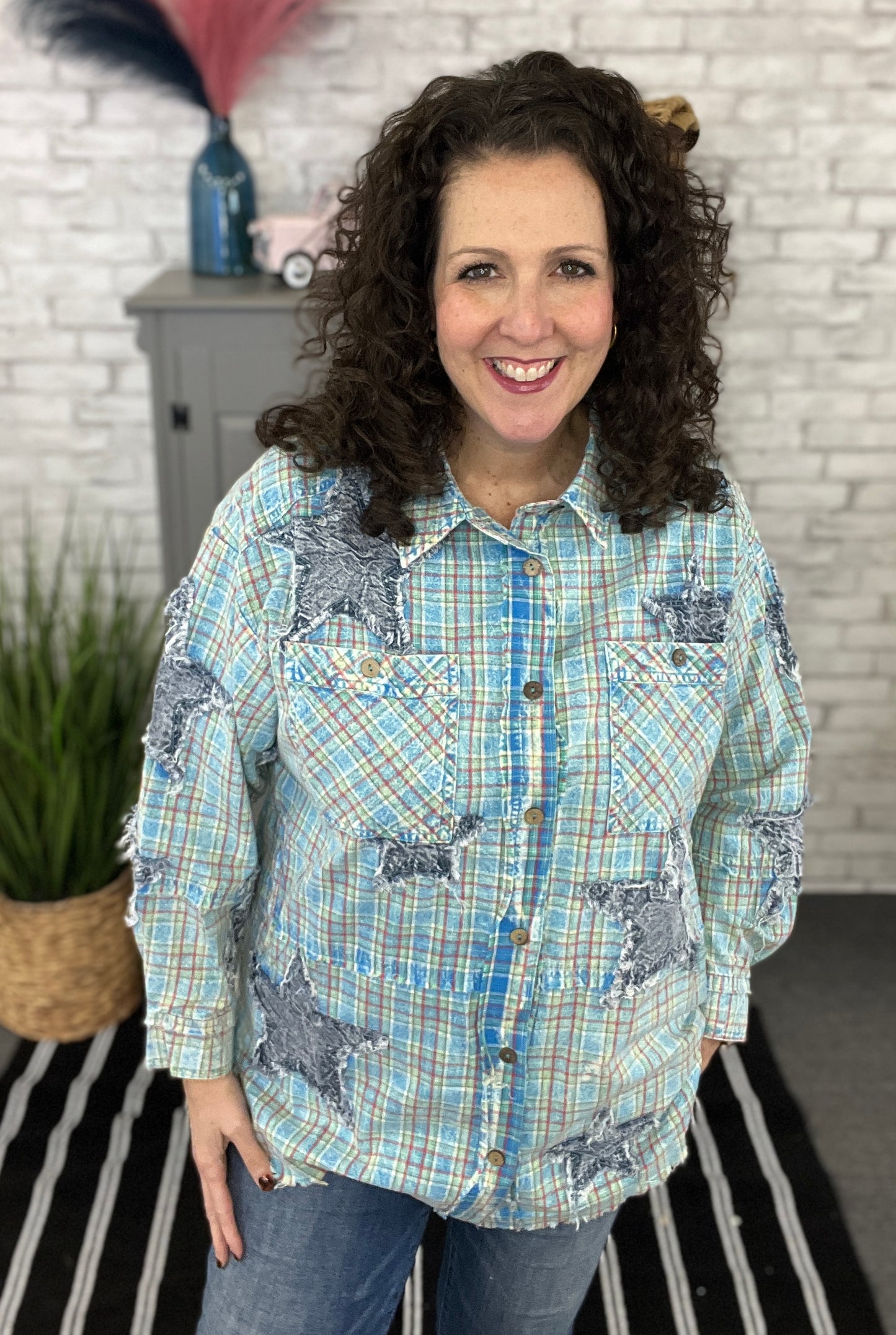 Plaid & Denim Star Patched Button Down