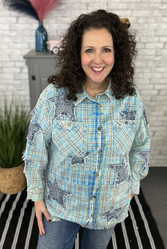 Plaid & Denim Star Patched Button Down