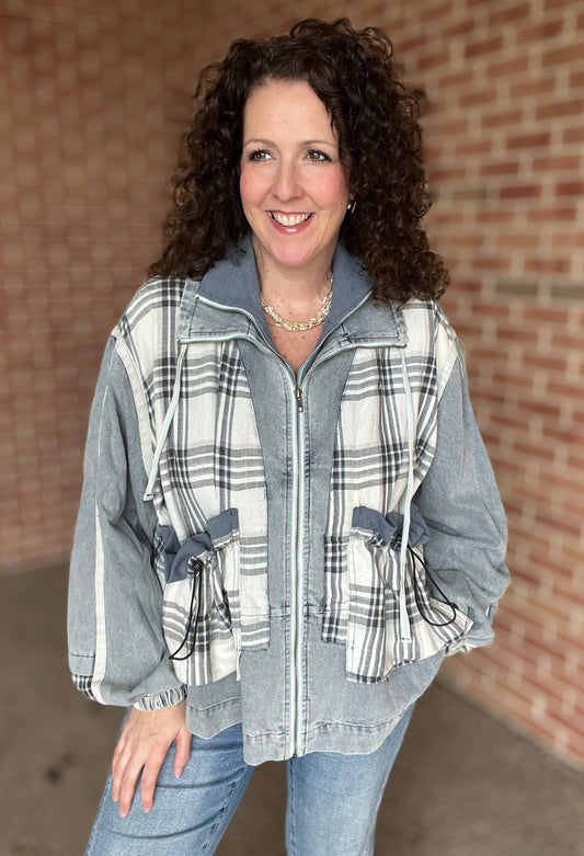 Layered Denim Plaid Zip Up Jacket