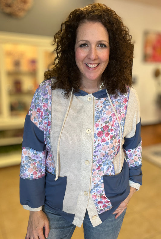 Floral Ribbed Hoodie Top
