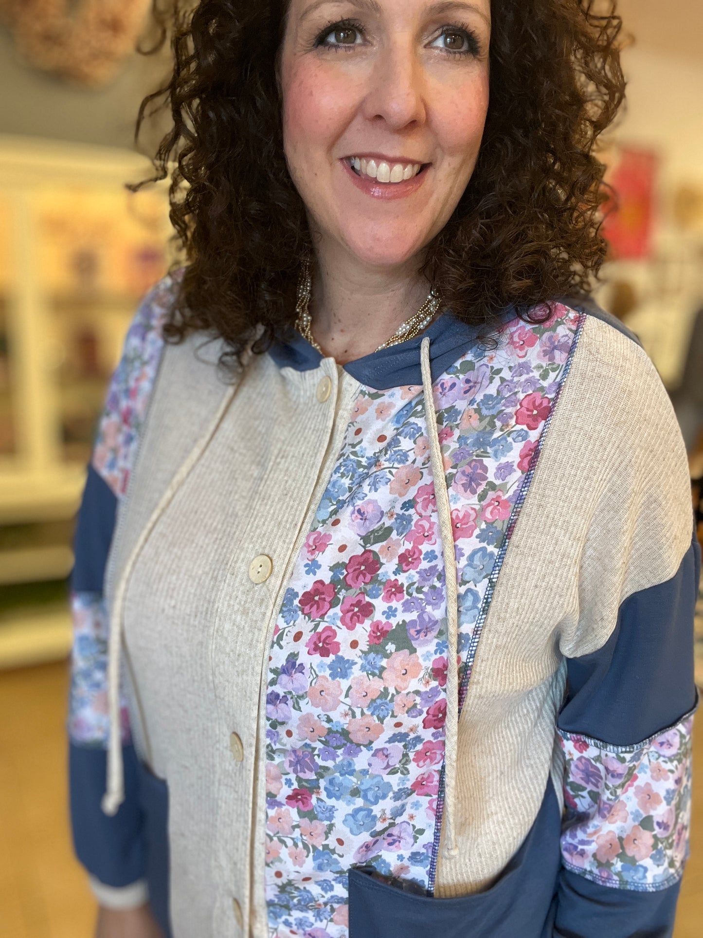 Floral Ribbed Hoodie Top