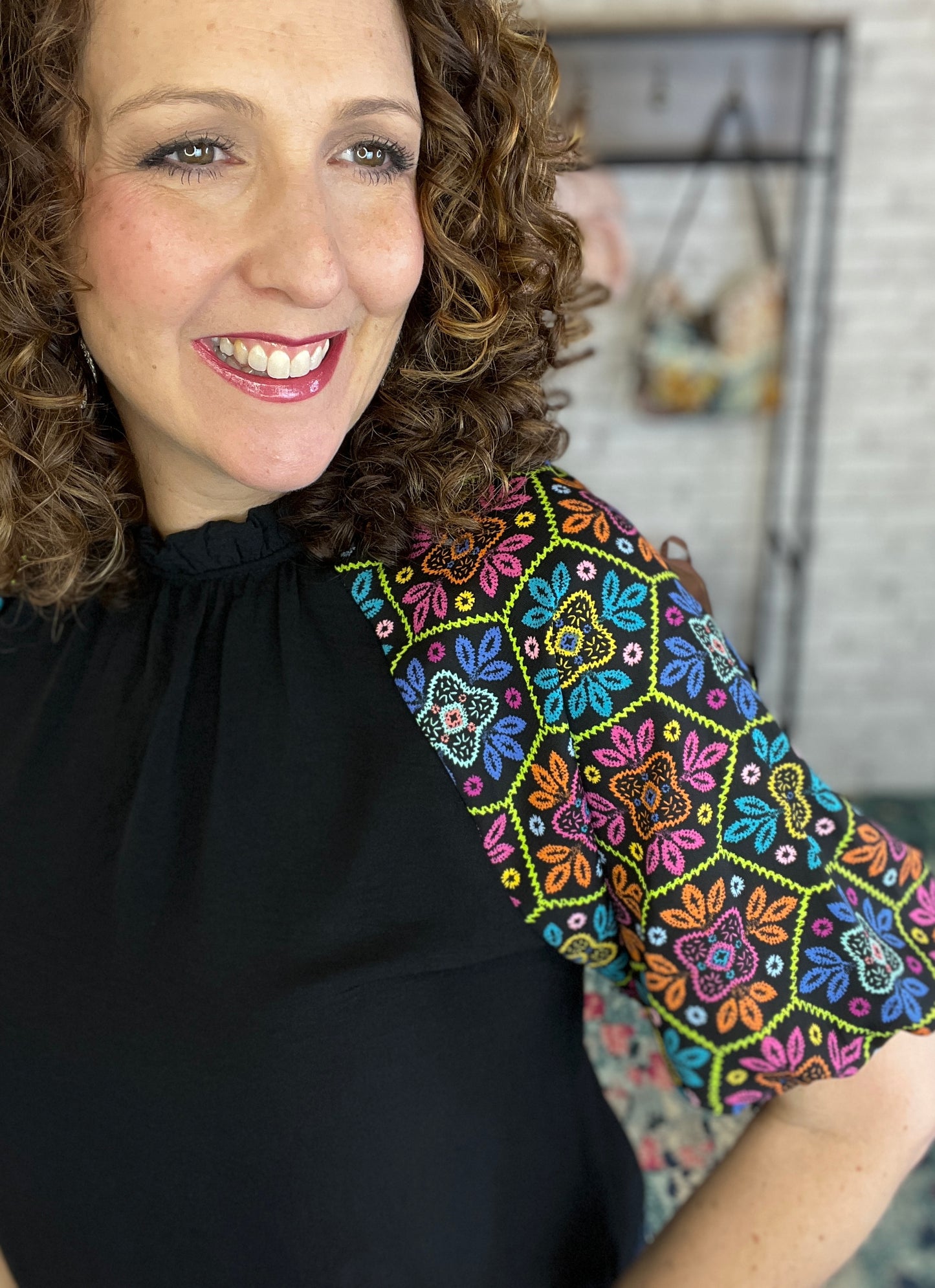 Embroidered Sleeve Ruffle Neck Top