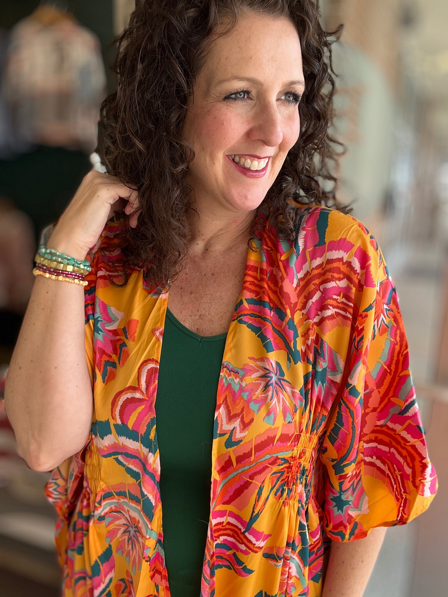 Smocked Floral Print Kimono