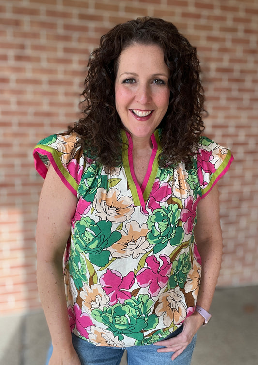 Bright Floral Top with Stripes and Smocked Detail