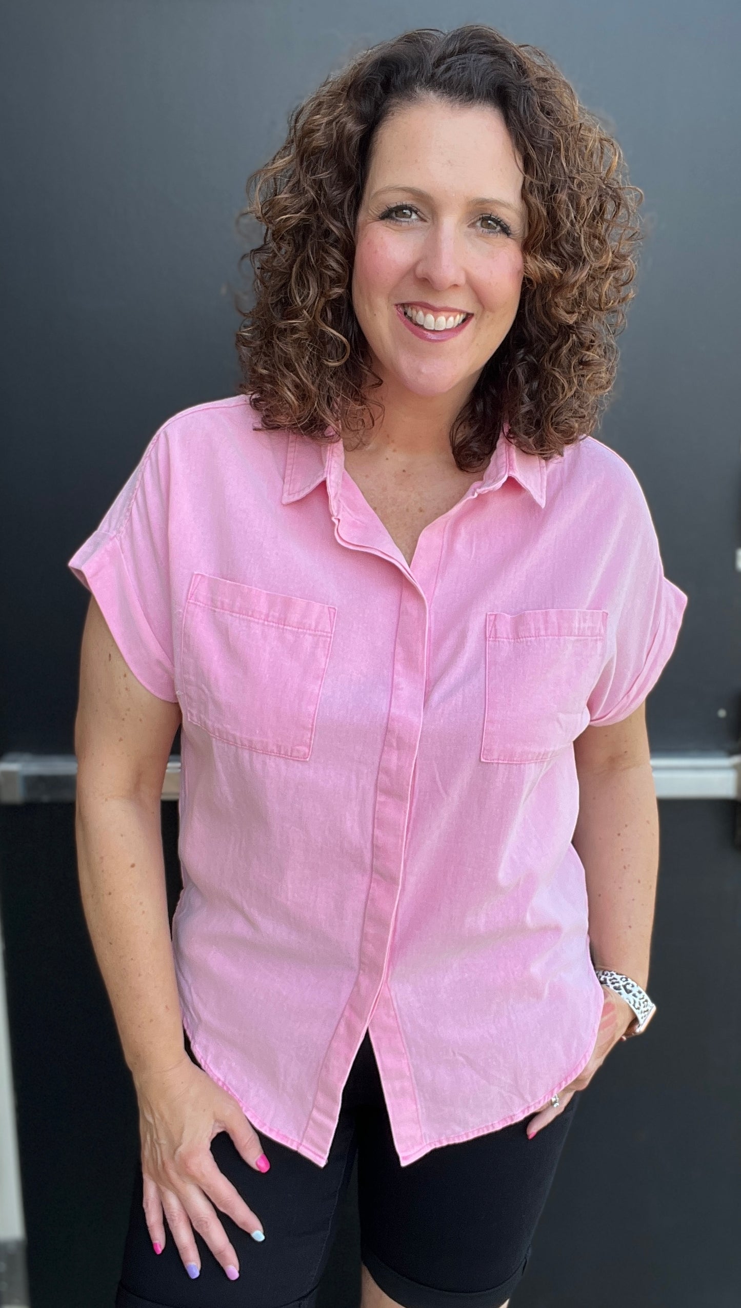 Chambray Short Sleeve Button Down Top