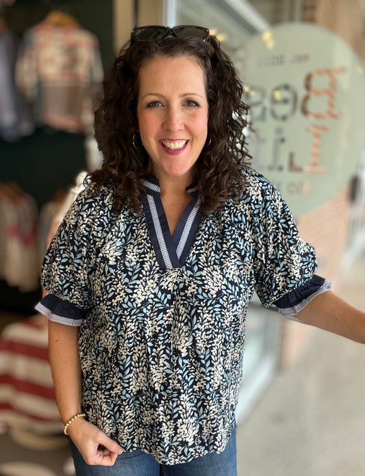 Floral V Neck Top with Striped Trim