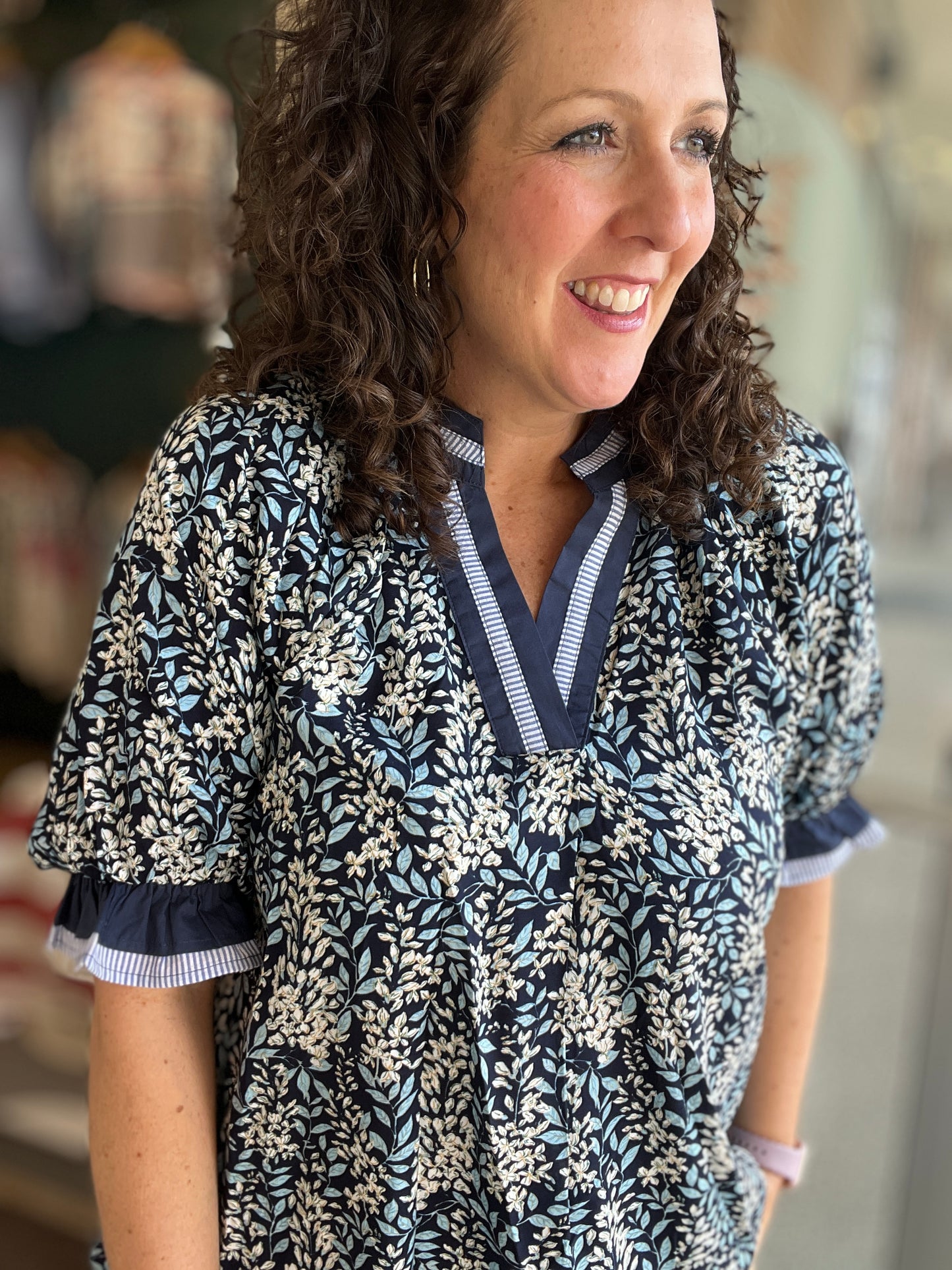 Floral V Neck Top with Striped Trim