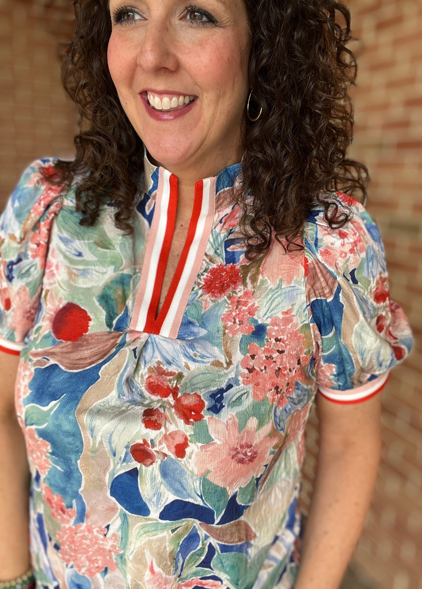 Watercolor Textured Floral Top with Striped Trim