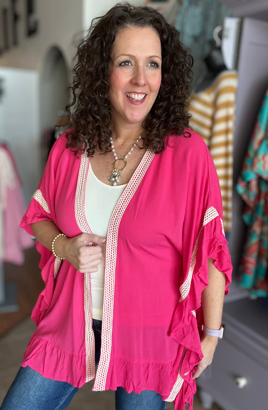 Ruffle Trim Kimono with Crochet Accent