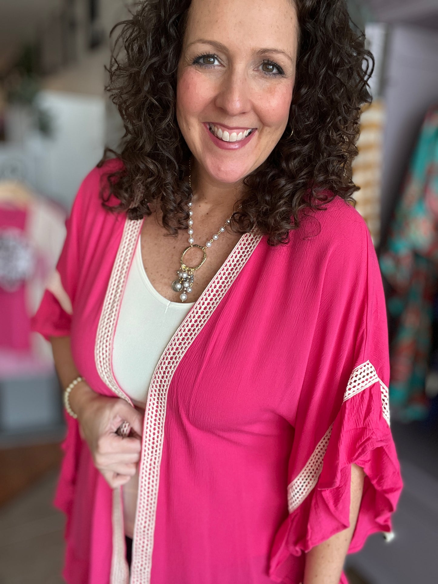 Ruffle Trim Kimono with Crochet Accent