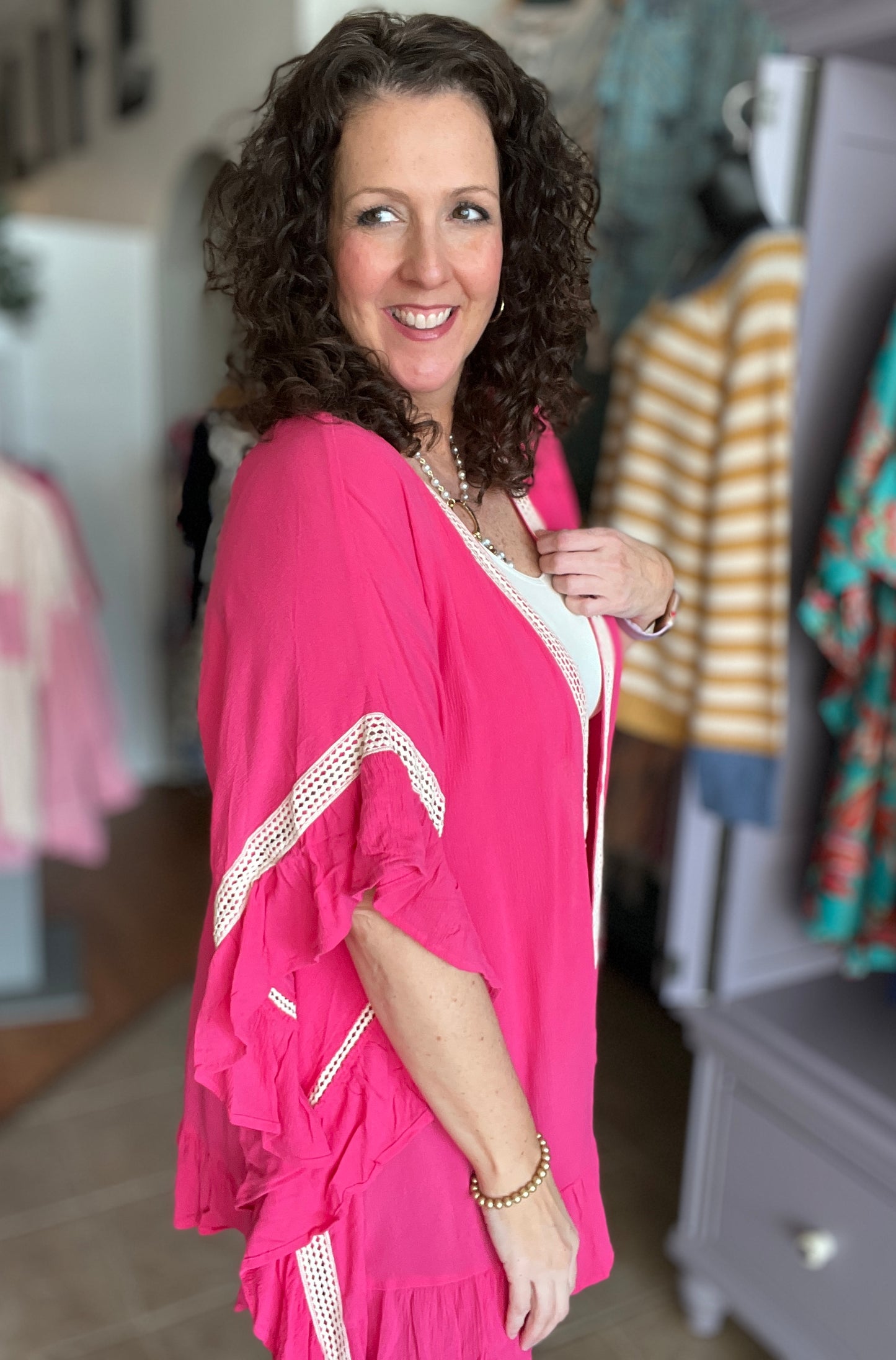 Ruffle Trim Kimono with Crochet Accent
