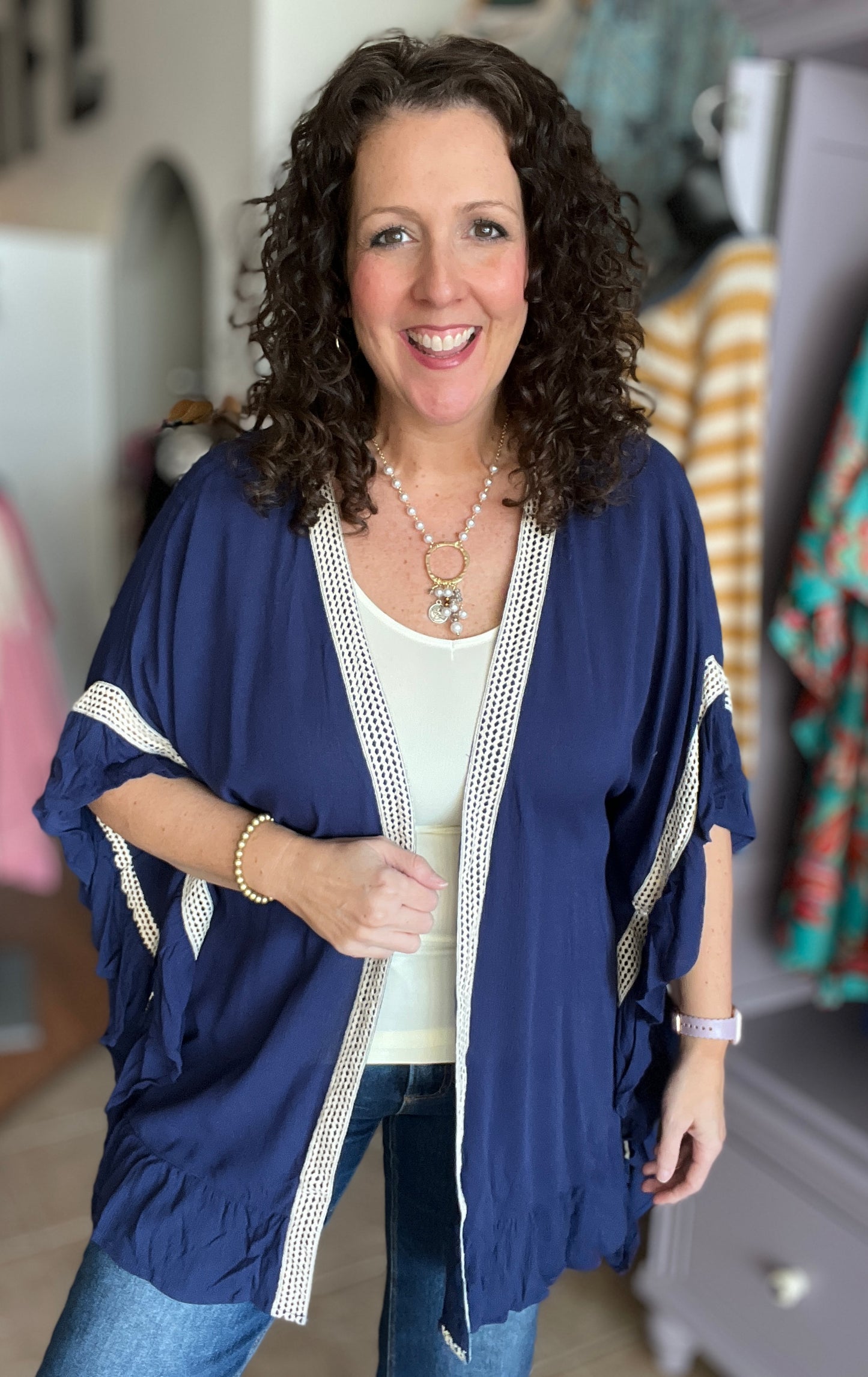 Ruffle Trim Kimono with Crochet Accent