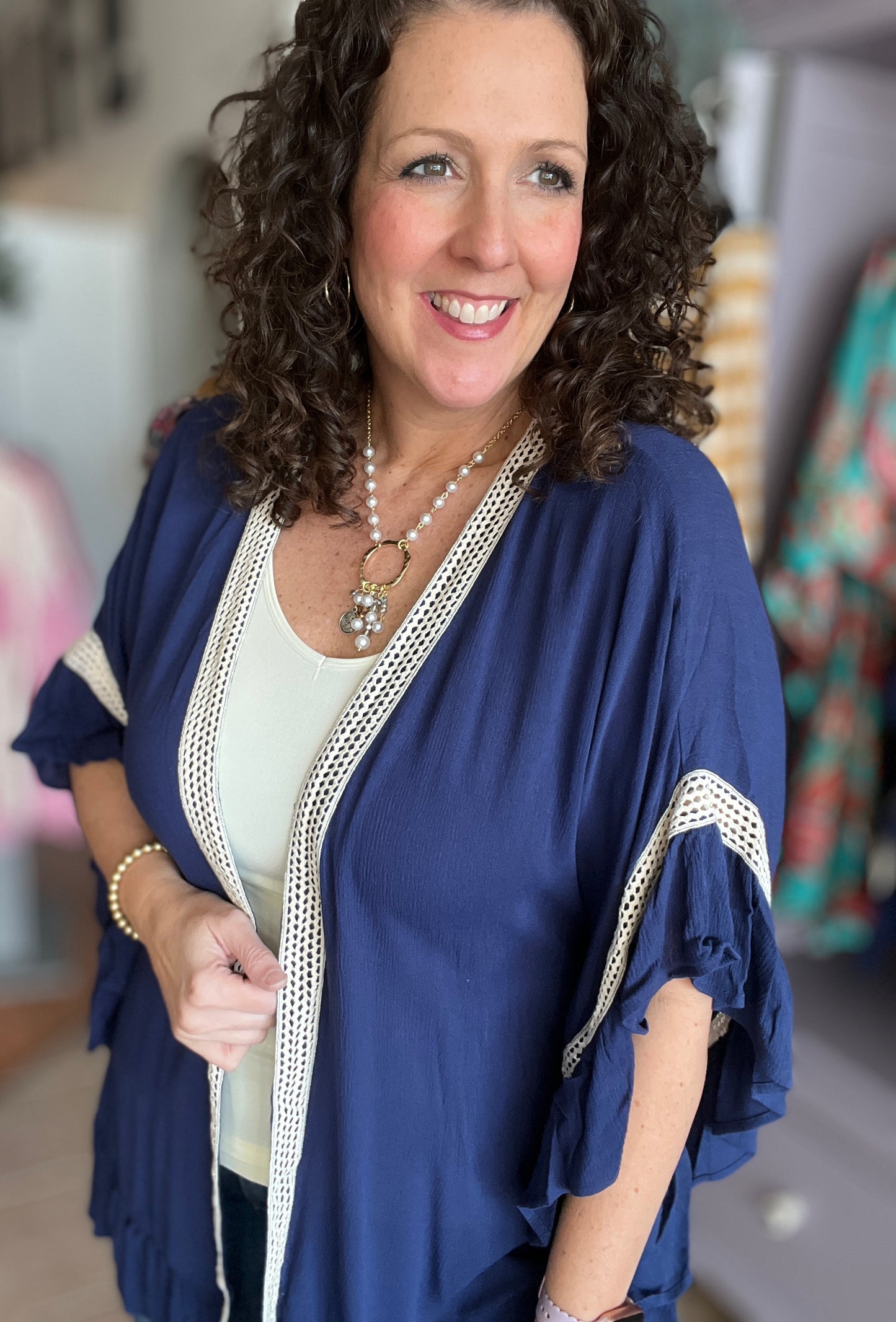 Ruffle Trim Kimono with Crochet Accent