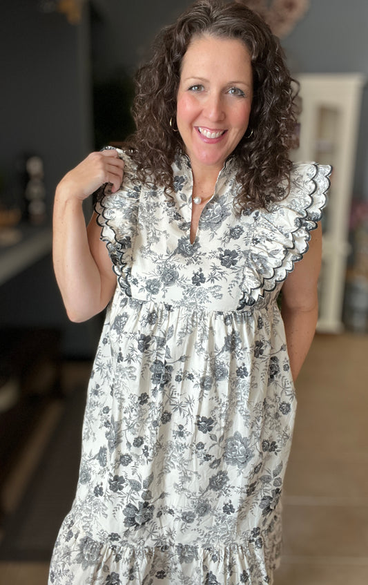 Black & Cream Floral Dress with Scalloped Detail