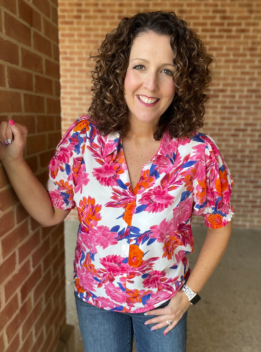 Floral Collared Blouse with Smocked Sleeve