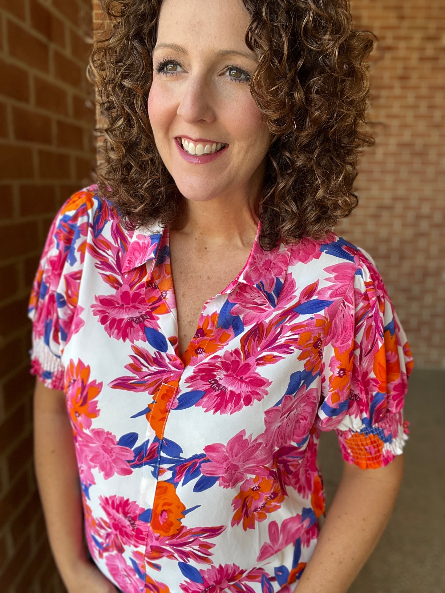 Floral Collared Blouse with Smocked Sleeve