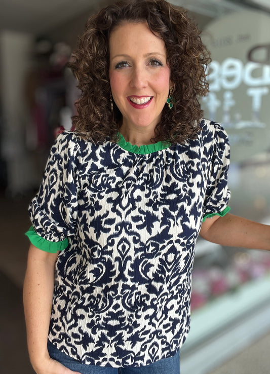 Damask Print Top with Trim