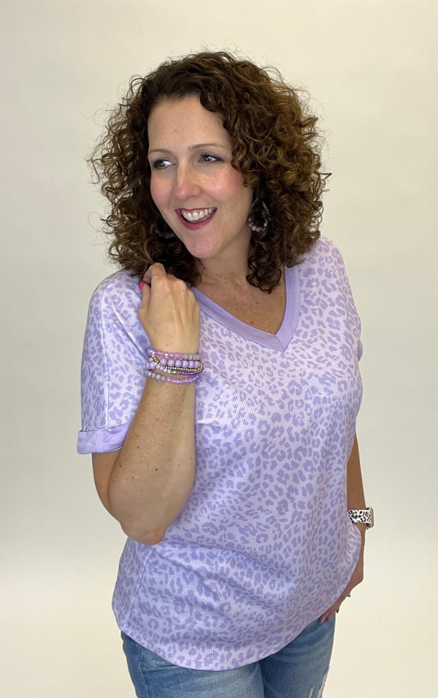 Lavender Animal Print V-Neck Top