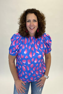 Bright Abstract Top with Ruffle Neck