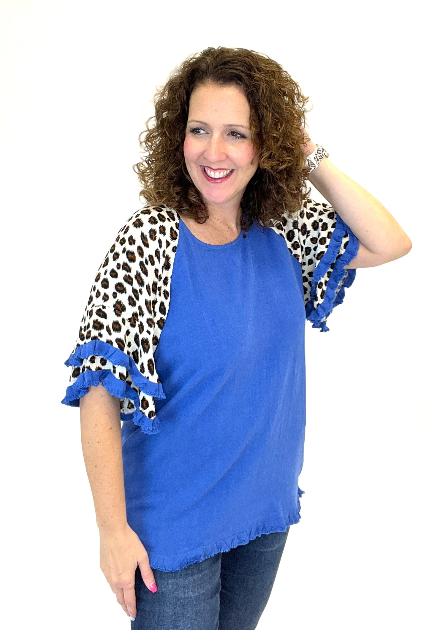 Leopard Bell Sleeve Linen Blend Top