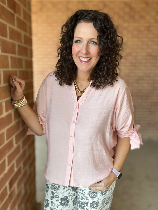 Pink V Neck Blouse with Bow Sleeve