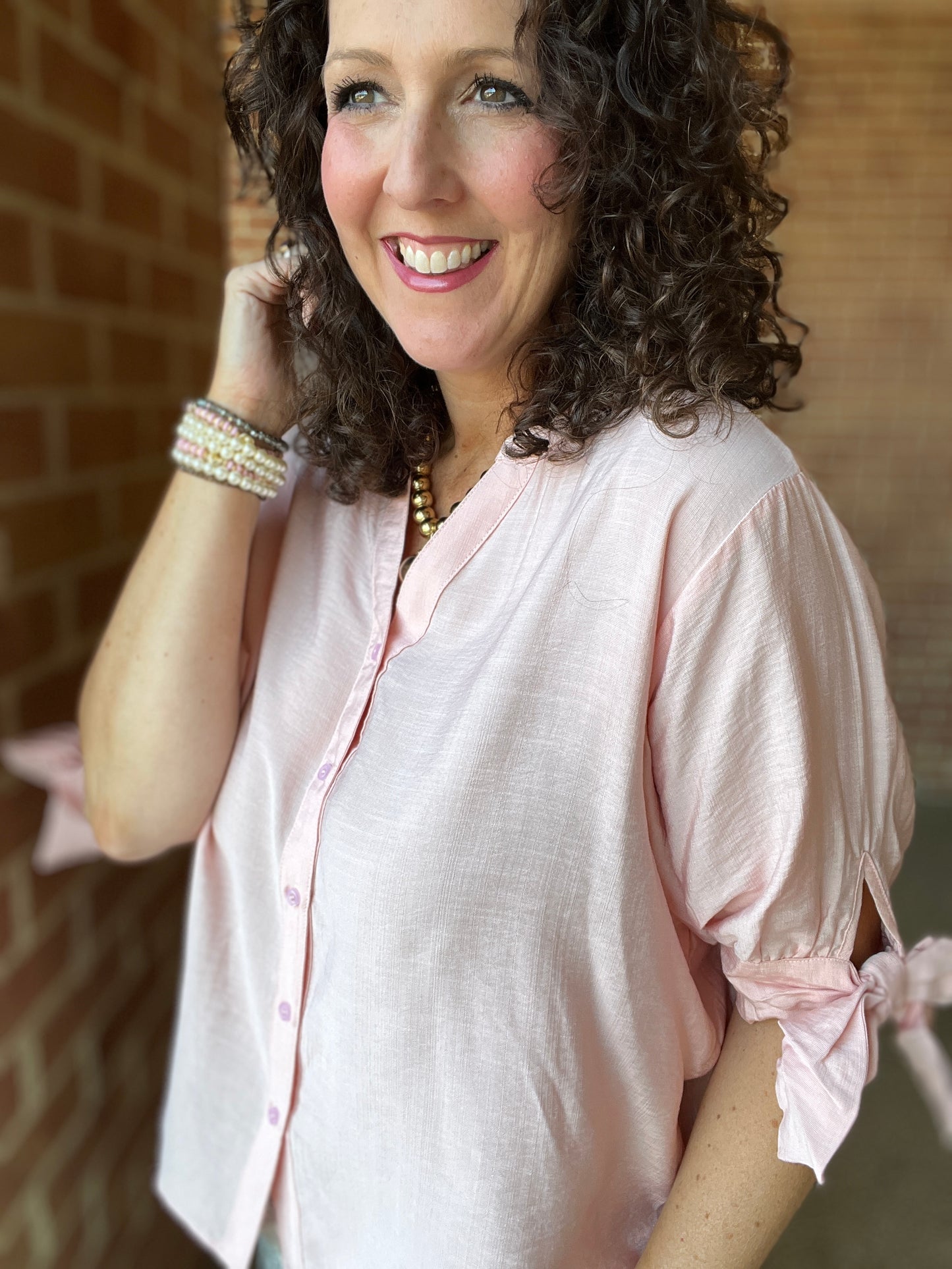 Pink V Neck Blouse with Bow Sleeve