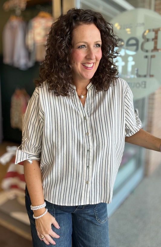 Striped V Neck Blouse with Bow Sleeve