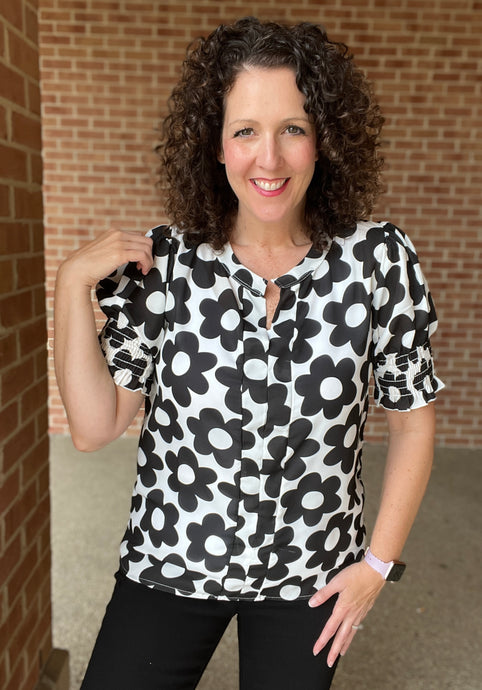 Bold Floral Print Top with Smocked Sleeve