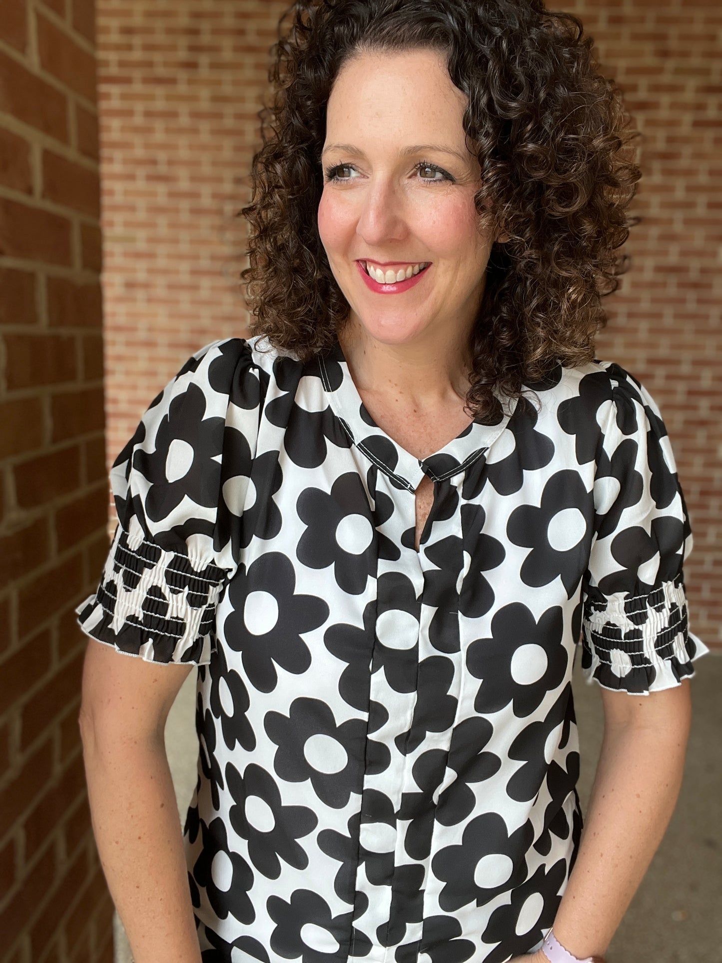 Bold Floral Print Top with Smocked Sleeve