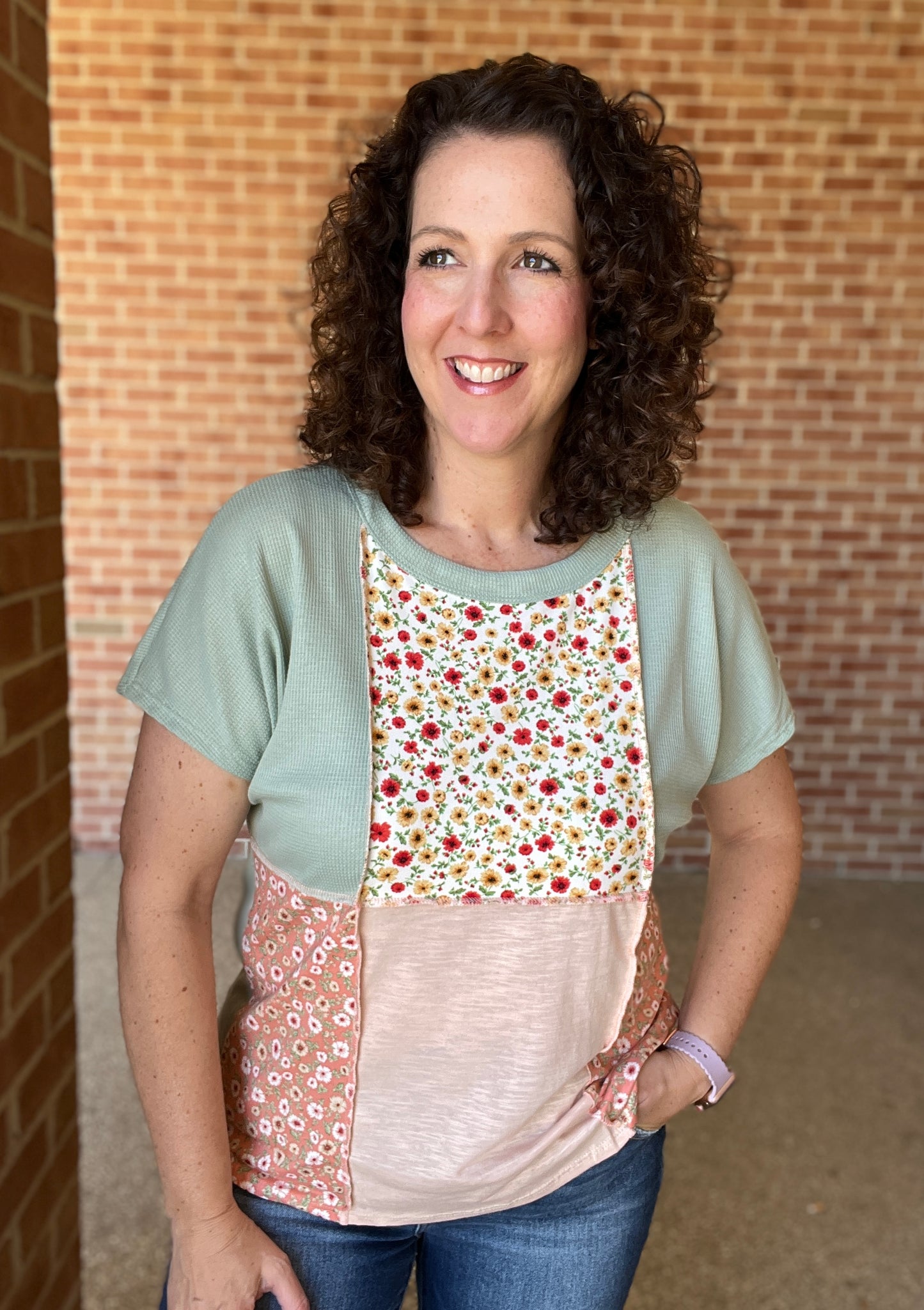 Waffle and Floral Knit Colorblock Top