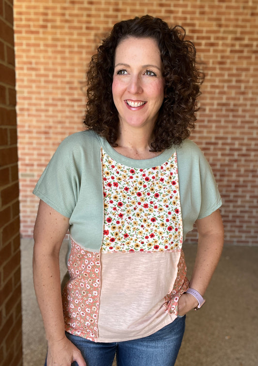 Waffle and Floral Knit Colorblock Top