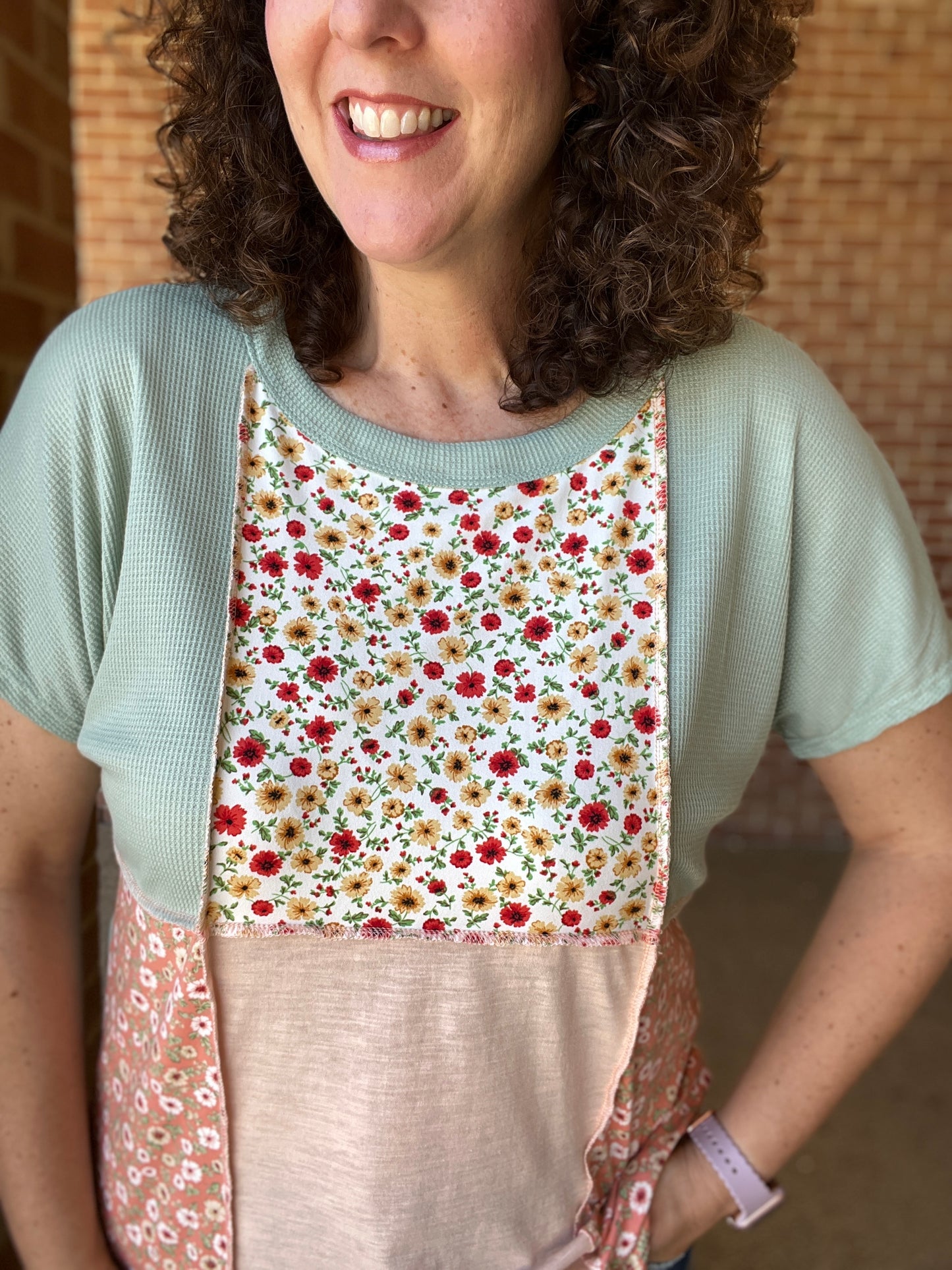 Waffle and Floral Knit Colorblock Top