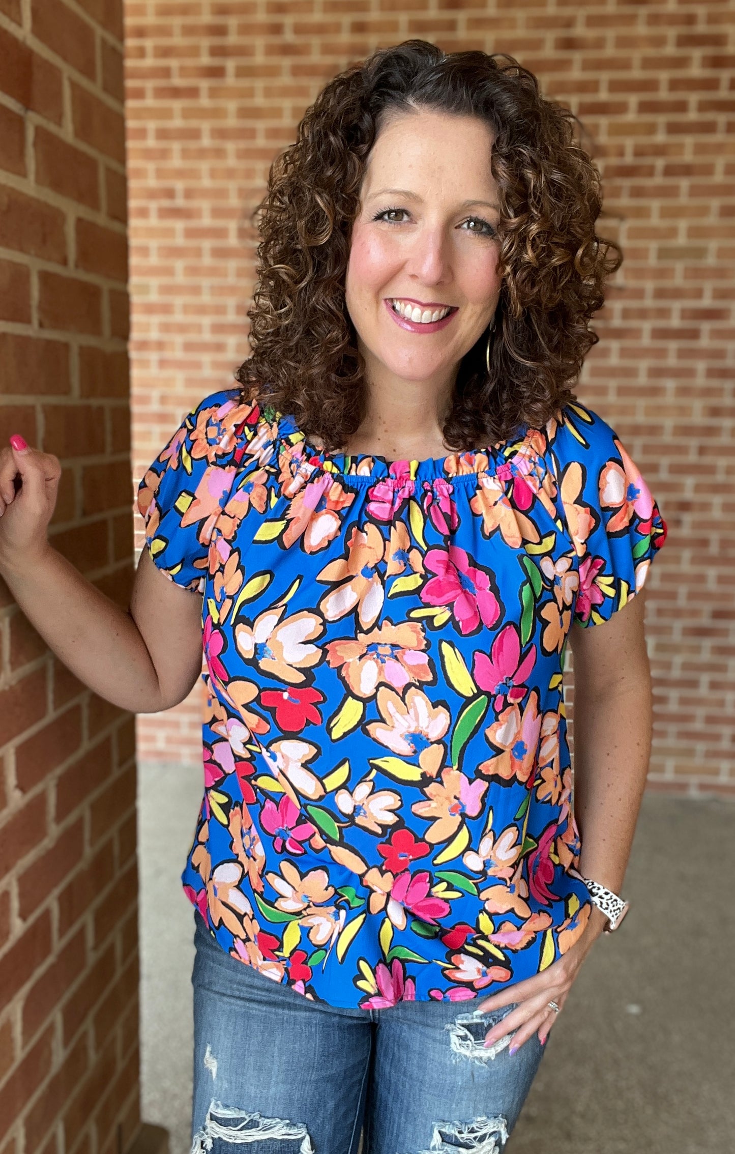 Bright Floral Ruffle Neck Top