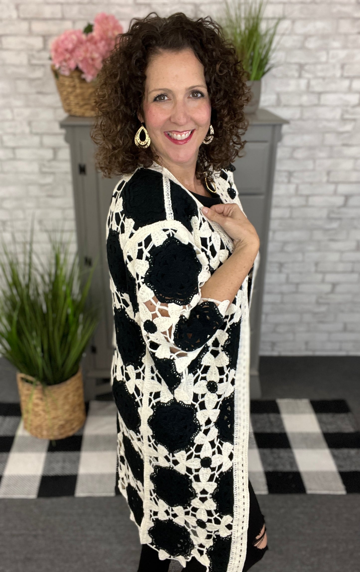 Black and Ivory Crocheted Knit Kimono