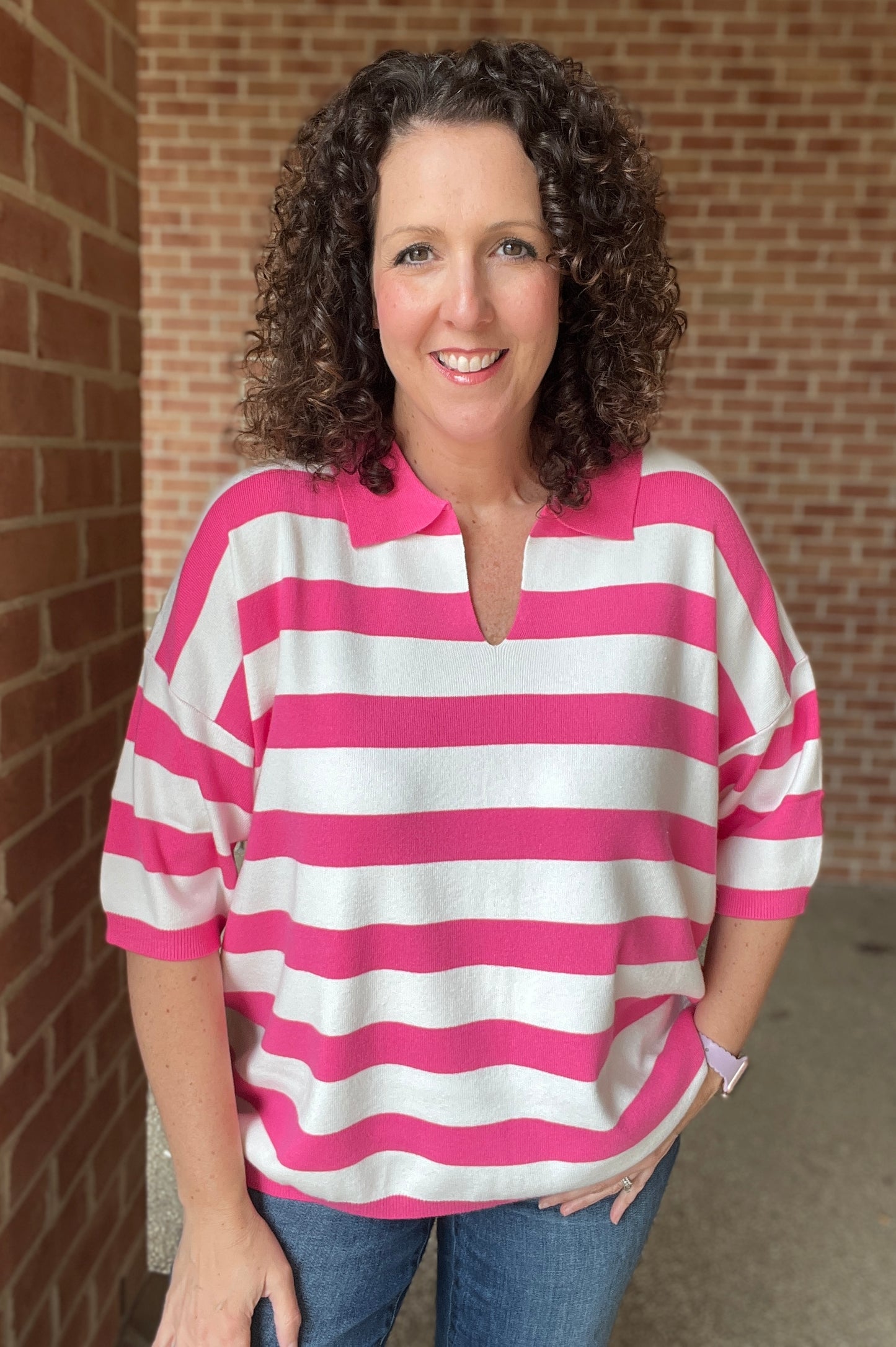 Striped Collared Knit Top