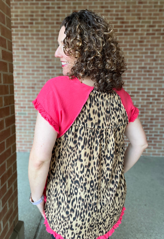 Leopard Back Ruffle Trimmed Top