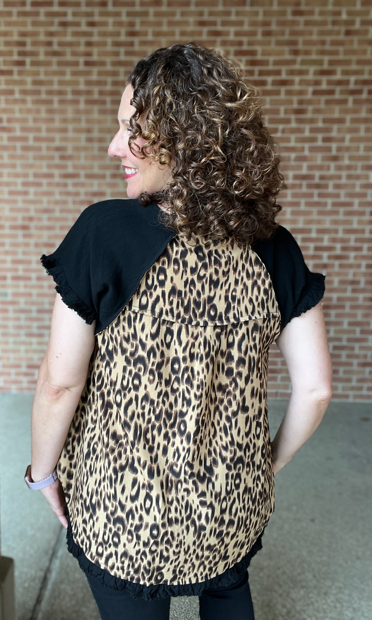 Leopard Back Ruffle Trimmed Top