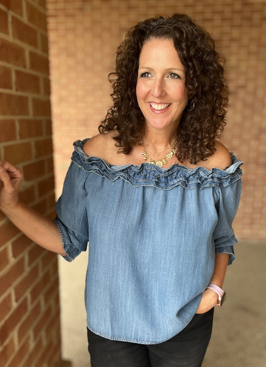Off-the-Shoulder Chambray Blouse