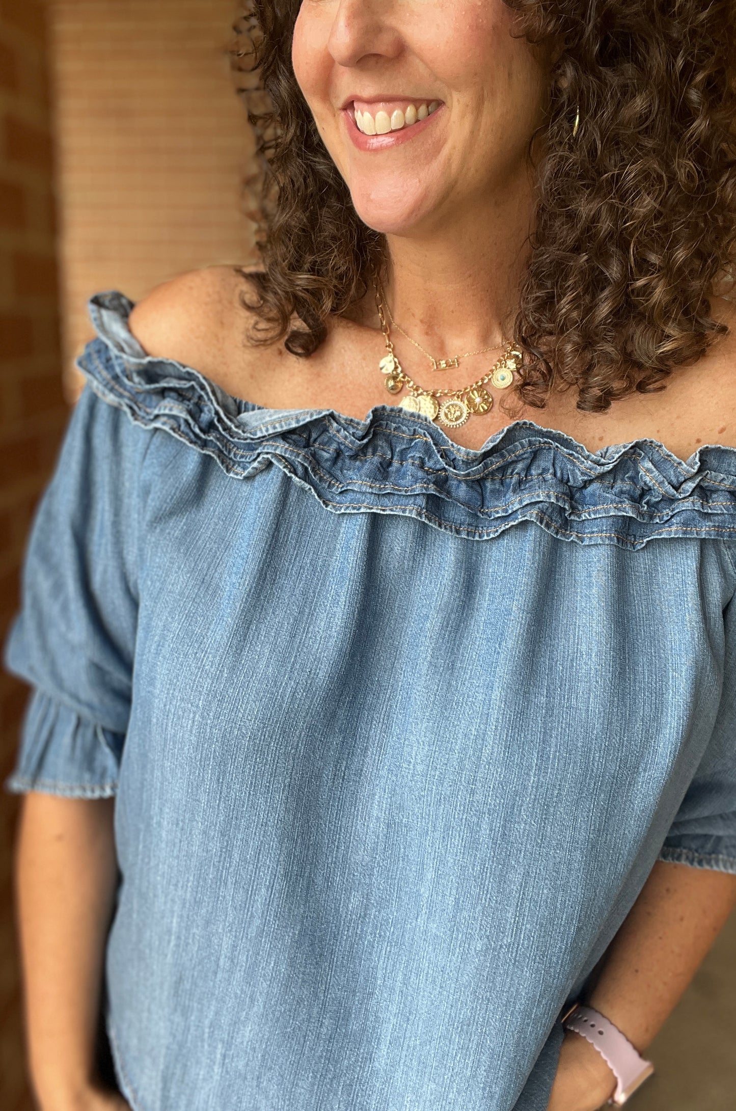Off-the-Shoulder Chambray Blouse