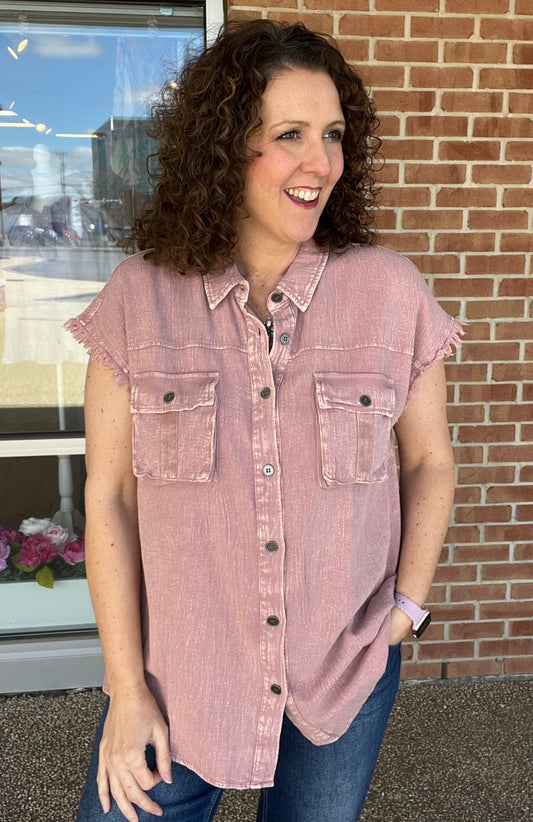 Mineral Wash Short Sleeve Button Down Top