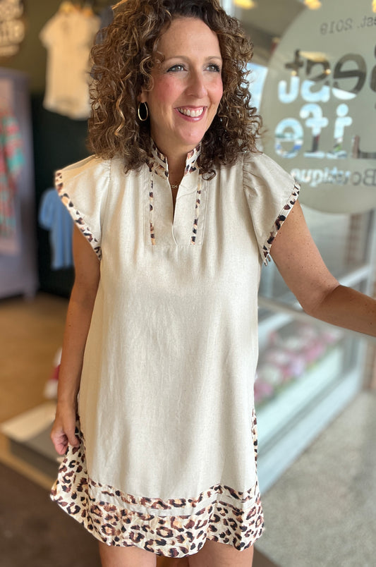 Linen V-Neck Dress with Leopard Trim