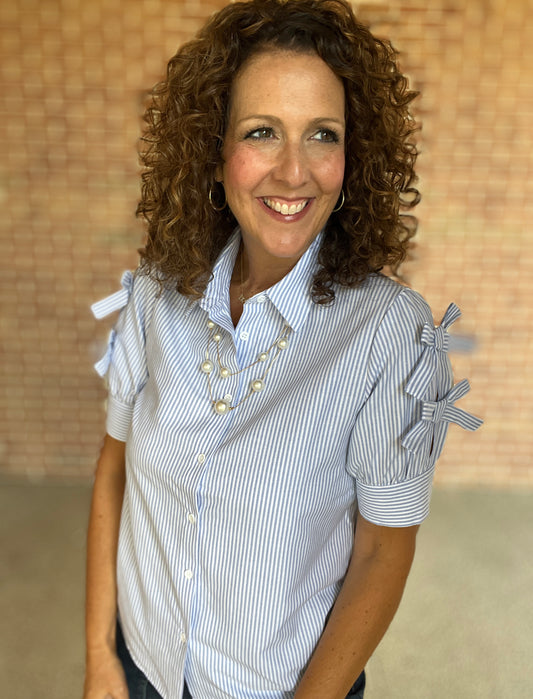 Pin Stripe Button Down with Bow Detail