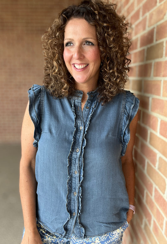 Sleeveless Layered Ruffle Chambray Top