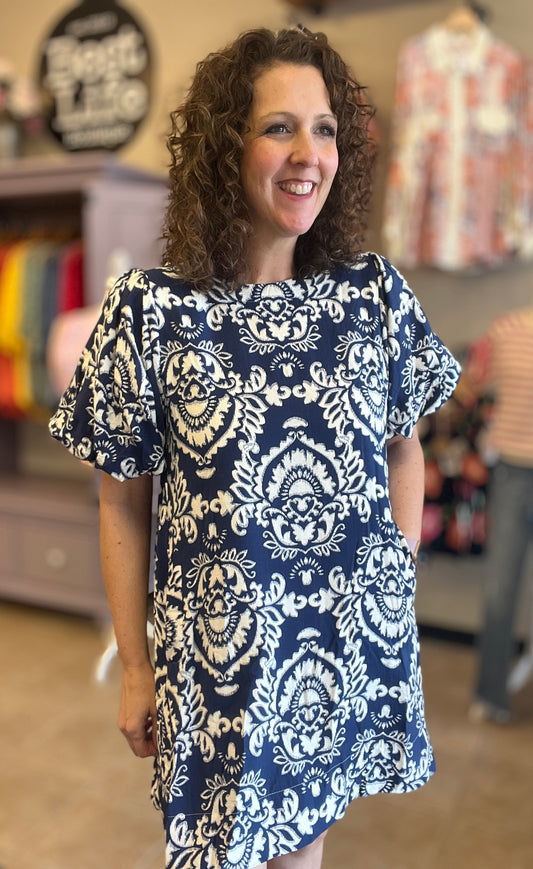 Navy & White Damask Print Dress with Pockets