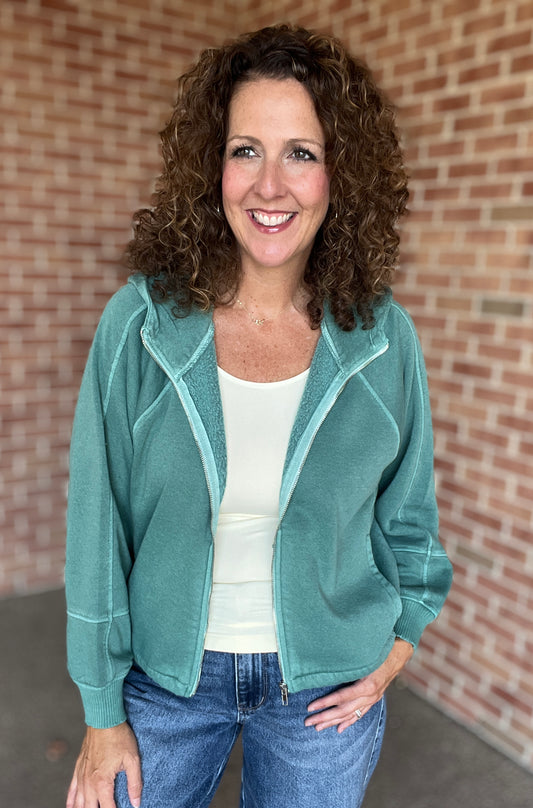 Fleece Pigment Dyed Zip Front Hoodie