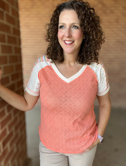 Mixed Fabric V Neck Top