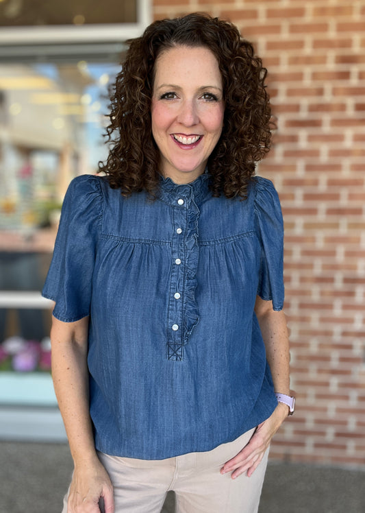 Chambray Snap & Ruffle Top
