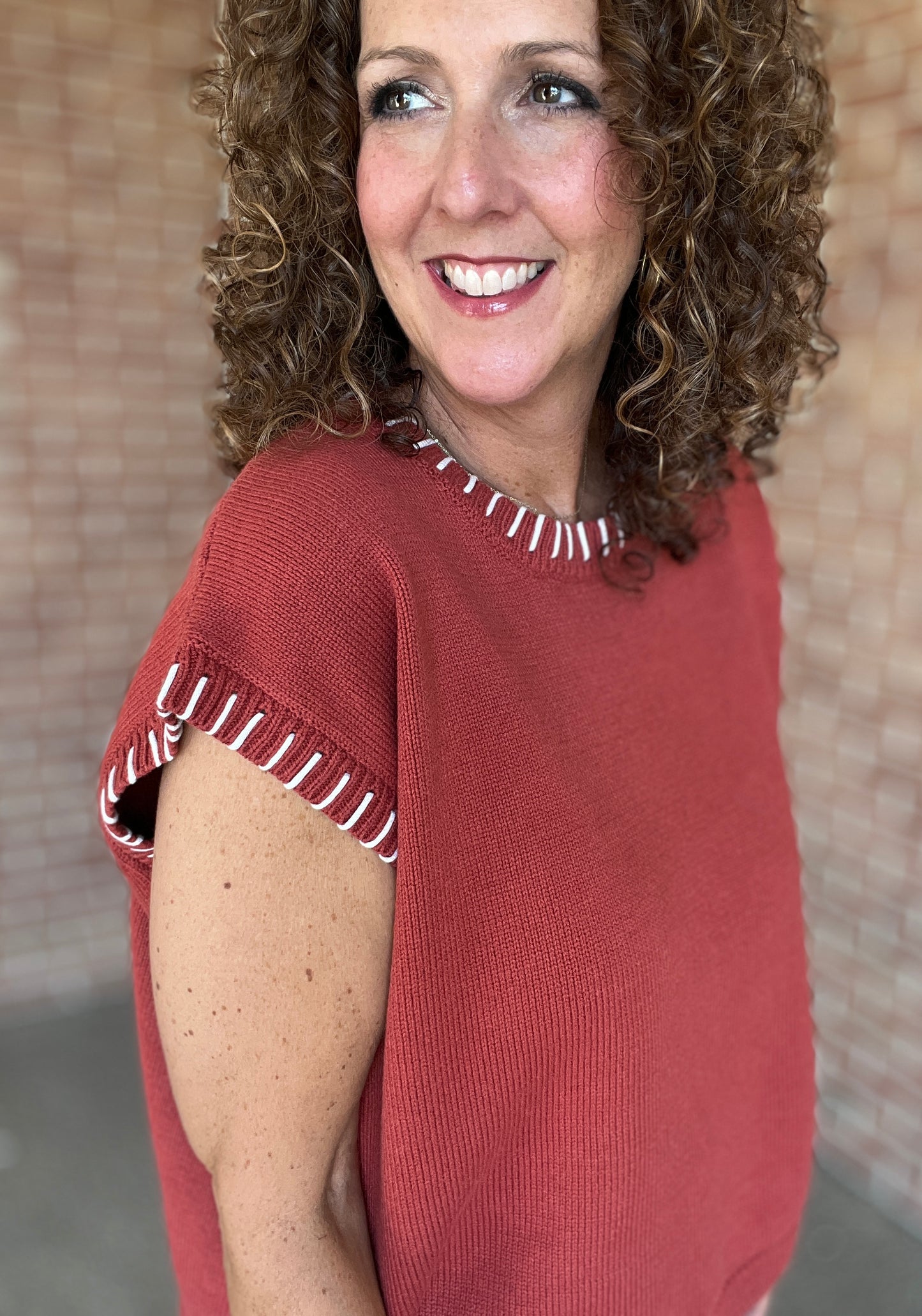 Whipstitch Detail Short Sleeve Sweater